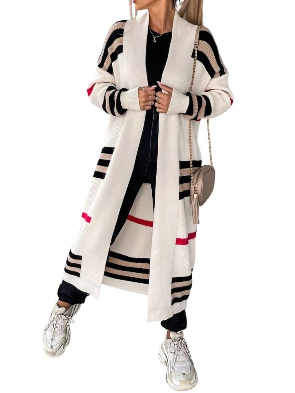 Women's Vintage Open Front Knit Striped Maxi Long Cardigan Sweater with Pockets